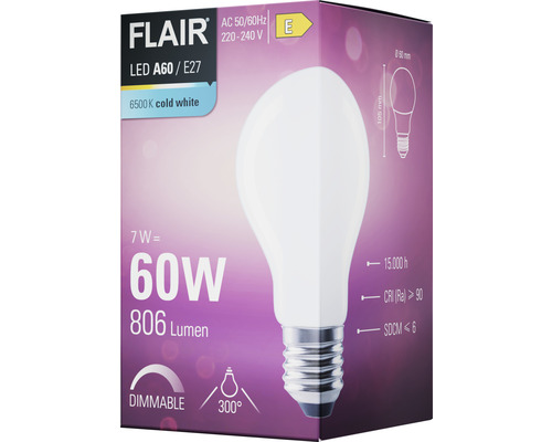 Balení stmívatelné LED žárovky Flair A60 E27 o výkonu 7 W, což odpovídá 60 W a produkuje 806 lumenů