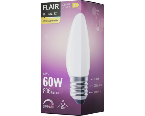 LED žárovka FLAIR C35 E27, 6 W, teplá bílá, stmívatelná