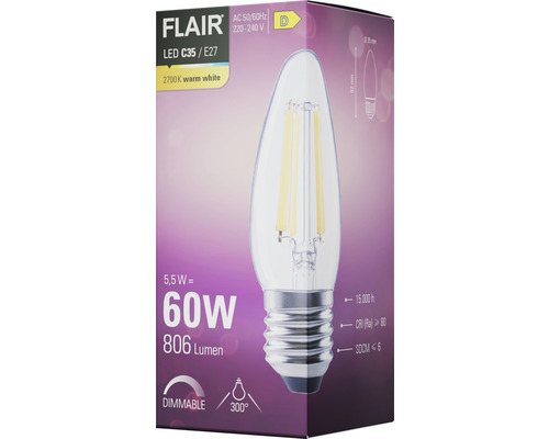 Žárovka LED Flair C35 E27, 5,5 W, ekvivalent 60 W, 806 lumenů