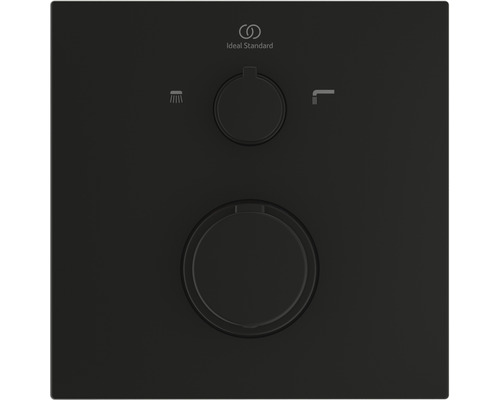 Logo Ideal Standard. Ovládací prvek sprchového systému se dvěma kulatými knoflíky pro ovládání sprchy a kohoutku.
