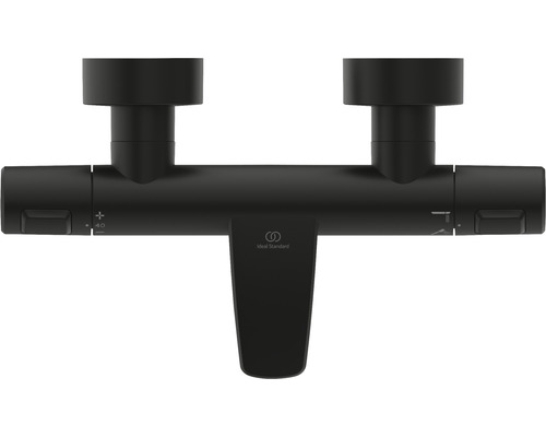 Logo Ideal Standard na černé sprchové baterii