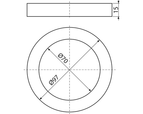 Technický výkres podložky s rozměry 97 milimetrů vnější průměr, 70 milimetrů vnitřní průměr a 15 milimetrů výška