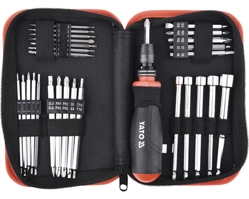 Sada nářadí se šroubovákem a různými bity v úložném pouzdře