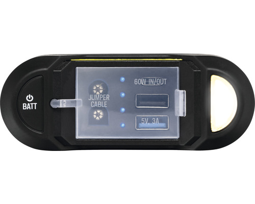 Detailní pohled na startovací baterii s USB porty a LED světlem