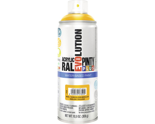 Barva ve spreji PINTYPLUS EVO vodní báze 400ml RAL1028 Pinty Plus Evolution akrylový sprej na lak v melounově žluté barvě RAL 1028