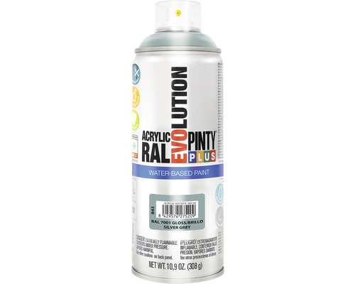 Barva ve spreji PINTYPLUS EVO vodní báze 400ml RAL7001 Akrylová sprejová dóza Pinty Plus Evolution RAL 7001 stříbrnošedá lesklá