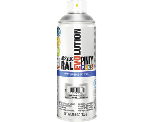 Barva ve spreji PINTYPLUS EVO vodní báze 400ml RAL9006 Akrylová barva ve spreji Pinty Plus Evolution s lesklým odstínem RAL 9006 bílý hliník