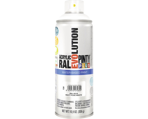 Barva ve spreji PINTYPLUS EVO vodní báze 400ml RAL9010M Sprej s akrylovou barvou, RAL 9010 matná čistě bílá