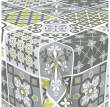 Ubrus s geometrickými a květinovými vzory v různých odstínech šedé a žluté