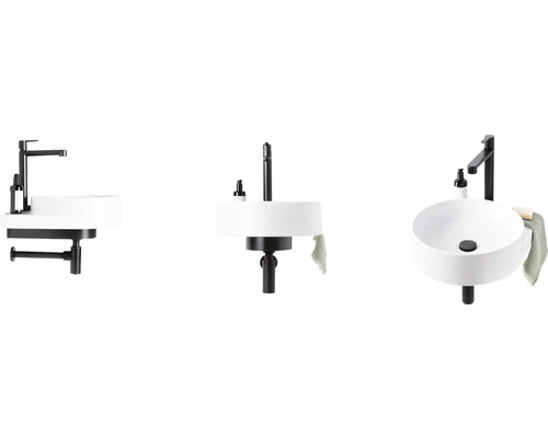 Tři umyvadla s baterií a odkládací plochou pro design koupelny