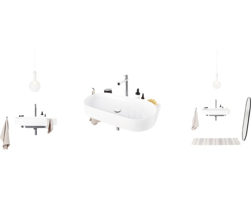 Koupelnová scéna s umyvadlem, vodovodní baterií, ručníkem, lampou, koupelnovým kobercem a zrcadlem