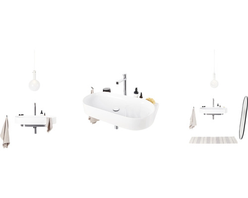 Uspořádání koupelny s umyvadly, vodovodními bateriemi, ručníky, lampami a zrcadlem