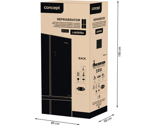 Zabalená chladnička Concept o rozměrech 89 cm x 68 cm x 190 cm
