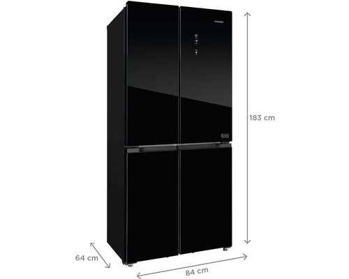 Černá chladnička se čtyřmi dveřmi o rozměrech 183 x 84 x 64 cm.