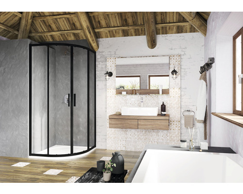 Koupelna se sprchou, umyvadlem a vanou v rustikálním stylu