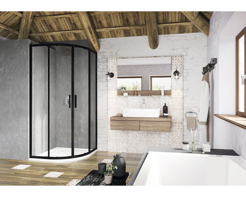 Koupelna se sprchovým koutem, umyvadlem a zrcadlem ve světlém provedení