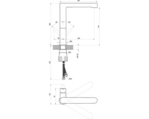 Technický výkres vodovodní baterie s rozměry