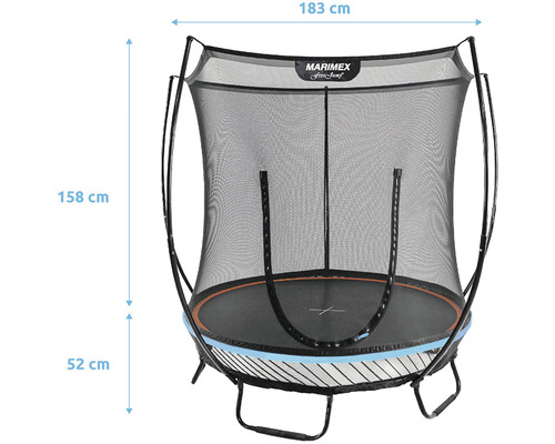 Trampolína s bezpečnostní sítí a rozměry 183 x 158 x 52 cm.