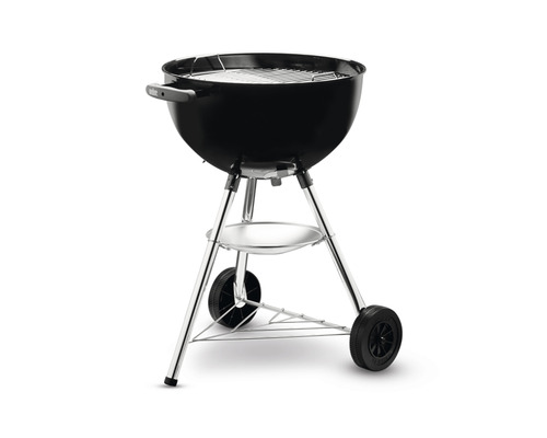 Černý kulatý gril s kolečky a odkládací plochou