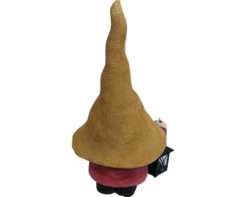 Zahradní trpaslík s lucernou, pohled zezadu