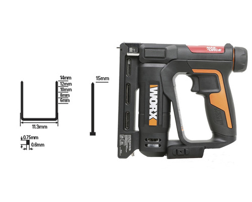 Sponkovačka Worx s rozměry sponek a hřebíků