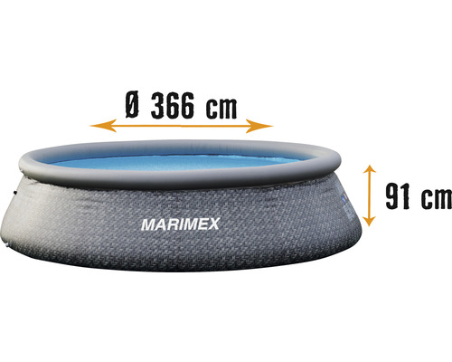 Rámový bazén Marimex o průměru 366 centimetrů a výšce 91 centimetrů.