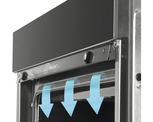 Detailní pohled na troubu s cirkulací horkého vzduchu, znázorněnou modrými šipkami.