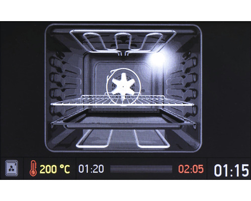 Vnitřní pohled do trouby s funkcí horkovzduchu, včetně roštu a plechu na pečení