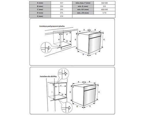 Technický výkres instalace spotřebiče s rozměry.