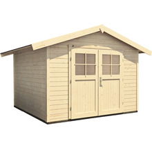 Dřevěný zahradní domek s dvoukřídlými dveřmi a okny