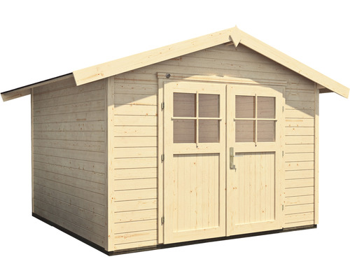 Dřevěný zahradní domek s dvoukřídlými dveřmi a okny