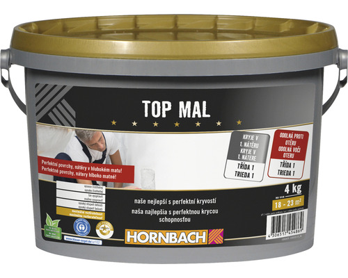 Barva na zeď Hornbach Top Mal bez konzervantů bílá 4 kg Kbelík barvy s potiskem Top Mal a logem Hornbach