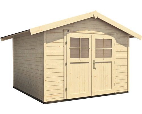 Dřevěný zahradní domek s dvoukřídlými dveřmi a okny