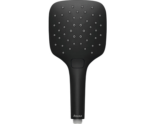 Černá ruční sprcha Ravak s obdélníkovou hlavicí.