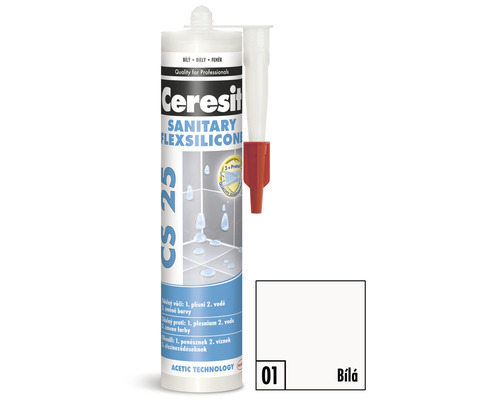 Sanitární silikon Ceresit CS 25 SANITARY 280 ml 01 bílá Ceresit Sanitární Flexsilicon CS 25 kartuše s tryskou a vzorníkem barev bílá