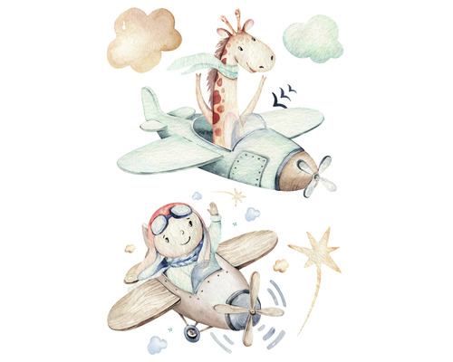 Ilustrace se žirafou a medvědem v letadlech.