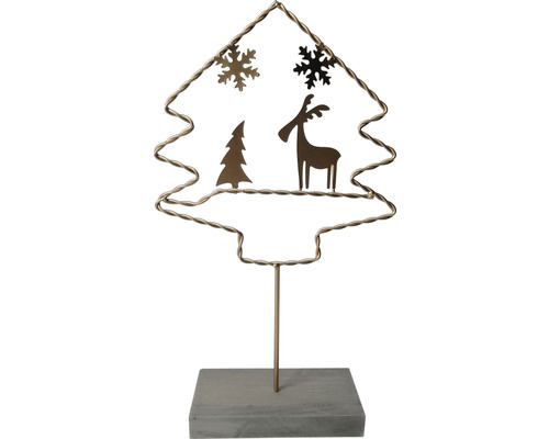 Ozdobná figurka vánočního stromku se sobem, vánočním stromkem a sněhovými vločkami na podstavci.