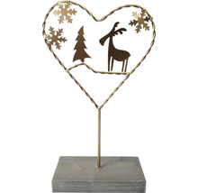 Dekorace srdce s vánočním stromkem, sobem a sněhovými vločkami na podstavci