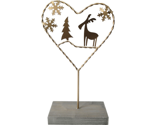 Dekorace srdce s vánočním stromkem, sobem a sněhovými vločkami na podstavci