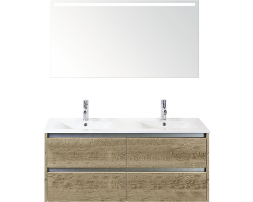 Koupelnový nábytkový set Sanox Dante barva čela dub ŠxVxH 121 x 170 x 46 cm s keramickým umyvadlem a zrcadlem s LED osvětlením
