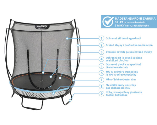 Trampolína Marimex s ochrannou sítí a informacemi o produktu