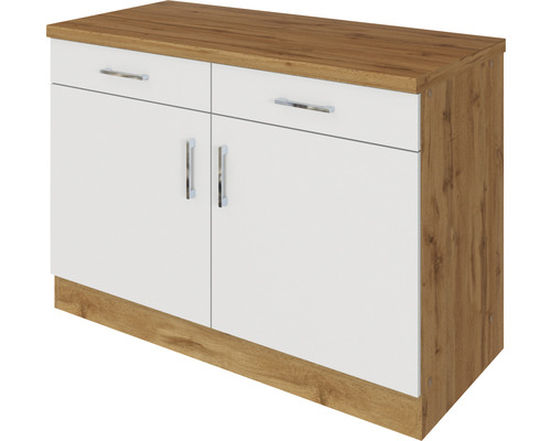 Bílá spodní skříňka se dvěma zásuvkami a dvěma dvířky ve vzhledu dřeva