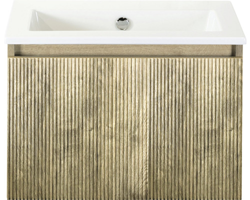 Souprava koupelnového nábytku Sanox Frozen 3D ŠxVxH 61 x 42 x 46 cm barva čela francouzský dub 2dílná s keramickým umyvadlem bez otvoru na kohout Skříňka pod umyvadlo s umyvadlem a rýhovanou dřevěnou přední stranou