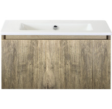 Umyvadlová skříňka s dřevěnou strukturou a umyvadlem