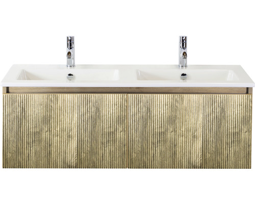 Souprava koupelnového nábytku Sanox Frozen 3D ŠxVxH 121 x 42 x 46 cm barva čela francouzský dub 2dílná s dvojitým keramickým umyvadlem Umyvadlová skříňka se dvěma umyvadly a spodní skříňkou