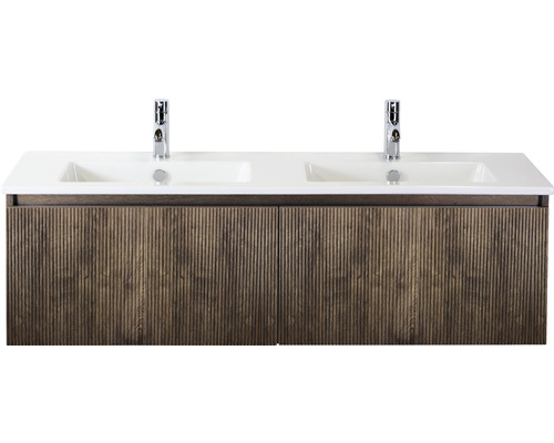 Skříňka pod umyvadlo se dvěma umyvadly a dvěma kohoutky