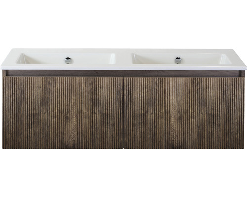 Souprava koupelnového nábytku Sanox Frozen 3D ŠxVxH 121 x 42 x 46 cm barva čela charleston 2dílná s dvojitým keramickým umyvadlem bez otvoru na kohout Skříňka pod umyvadlo s dvojitým umyvadlem a dřevěnou přední stranou