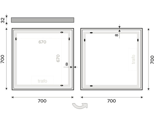 Technický výkres zrcadlové skříňky s rozměry
