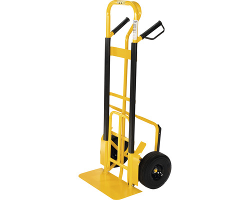 Žlutý rudl s černou rukojetí a kolečky pro přepravu