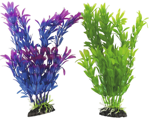 Dvě umělé akvarijní rostliny s kamenným podstavcem